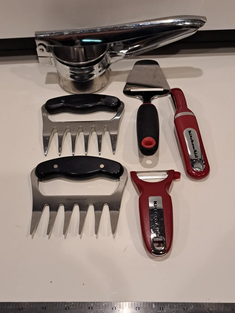 Kitchen Tools Lot 2 Veg Peelers, Cheese Slicer,potato ricer, 2 Heavy Duty Meat